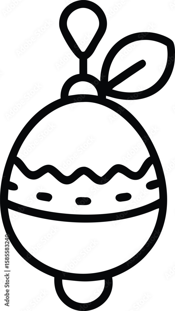 Poster isolated line drawing of round fruit with leaf, decorative wavy line and hanging loop