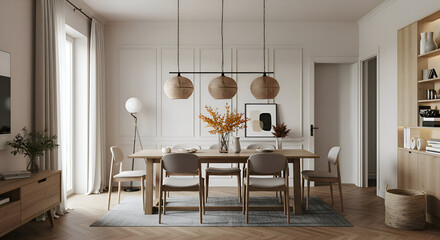 Neutral tones, natural wood, and woven details create a serene dining space. Beige hues and soft lighting provide a relaxed feel, ideal for advertising interior design.