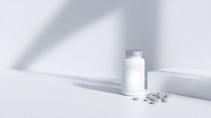 White Pills and Minimalist Bottle on White Surface with Shadows