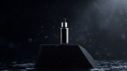 Black Dropper Bottle on Dark Stone with Water Droplets