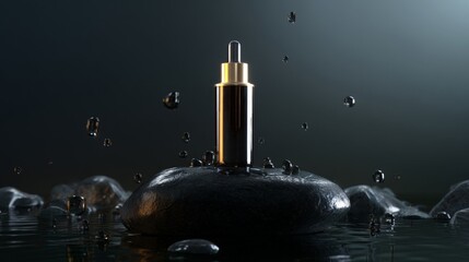 Dark Glass Bottle with Gold Cap on Dark Rocks and Liquid Droplets
