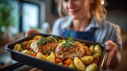 Freshly baked chicken dish brings joy in a cozy kitchen setting