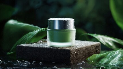Green Cosmetic Cream Jar on Dark Stone with Water Droplets and Lush Leaves