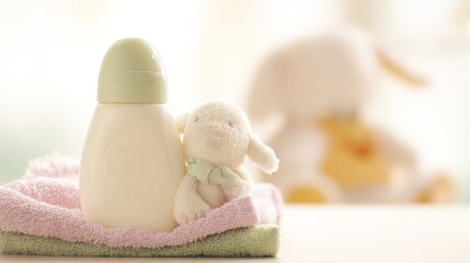 Soft Baby Lotion Bottle with Lamb Toy on Pink Towel