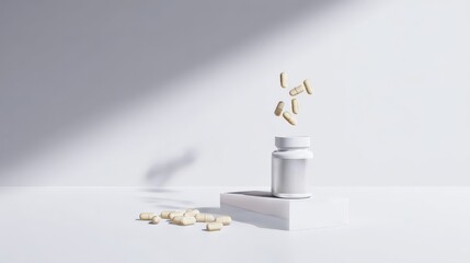 White Capsules Falling into Bottle Minimalist Product Shot