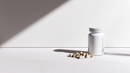 White Bottle of Beige Capsules on White Surface with Shadow