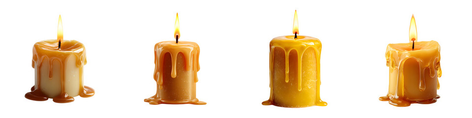 Burning Candles with Dripping Wax on White Background