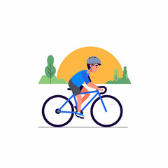 Fototapeta premium Flat vector of a man cycling in the morning with sunrise and trees