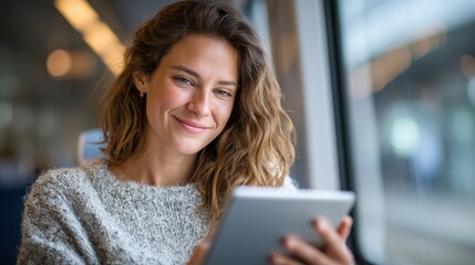 Young woman smiles while reading on her tablet in a moving train
