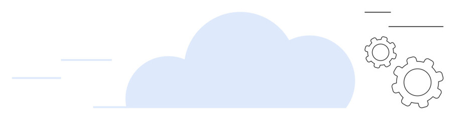Light blue cloud with two mechanical gears and dynamic motion lines suggesting cloud technology, engineering, and innovation. Ideal for cloud storage, digital tools, tech integration, engineering