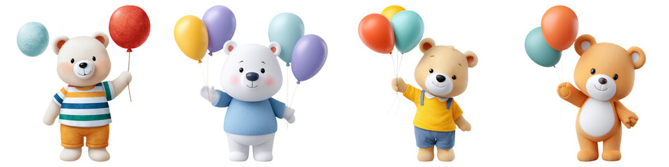 Fototapeta premium Baby animal balloon party scene, Four cartoon bears each holding colorful balloons, wearing different outfits and expressing happy emotions.