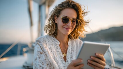 Charming woman enjoying a digital book during sunset on a sailboat