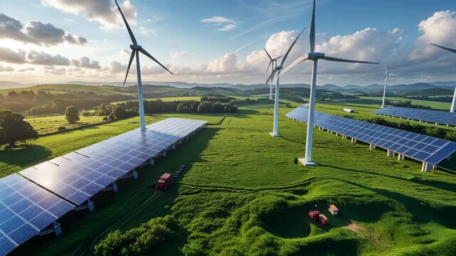 Renewable energy farm with solar panels and wind turbines in a green landscape