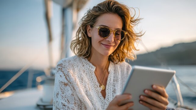 Charming woman enjoying a digital book during sunset on a sailboat