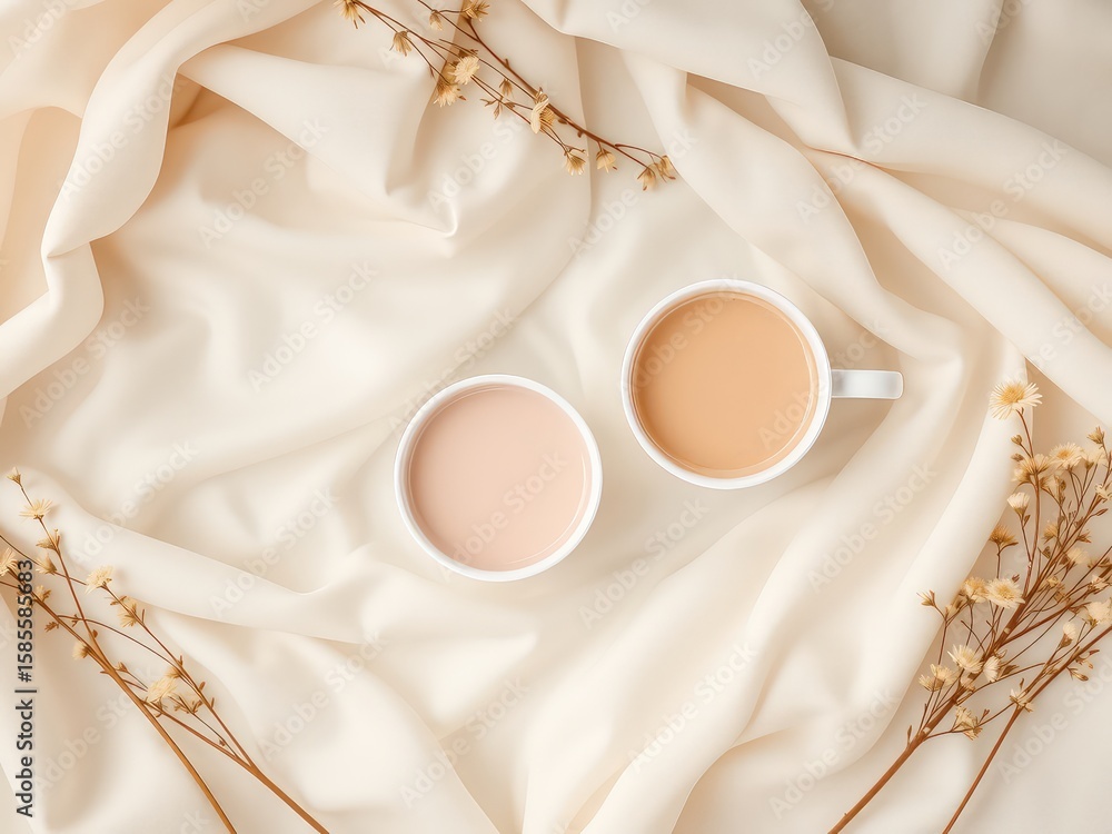 Poster coffee break concept on a cream fabric background with two cups and some dried flowers providing a s