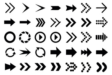 Collection of diverse black arrow icons and symbols on a white background