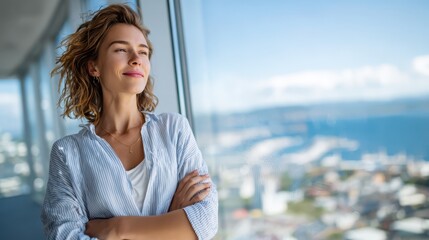 Woman enjoys breathtaking city view from high-rise building balcony