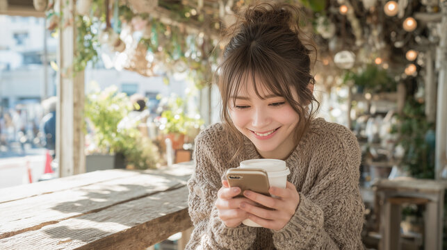 Smiling woman looking at smartphone in cozy café with coffee