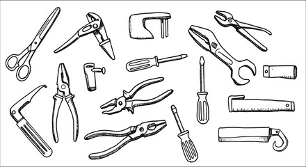 Hand-drawn collection of common workshop and household tools, featuring various pliers, screwdrivers, wrenches, saws, and scissors in a sketch style.