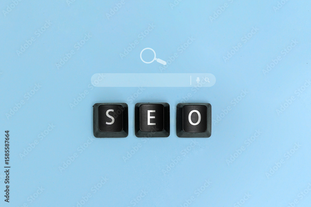 Poster seo search engine optimization concept with keyboard keys