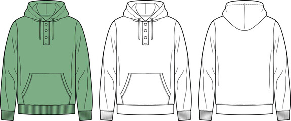 Cad Drawing Flat Vector Illustration, Henley Hoodies with Buttoned Placket and Striped Pattern, Stylish Casual Clothing Design, Front Back Sketch View