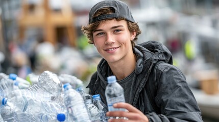 Young volunteer cleans up water bottles at a community event by the river