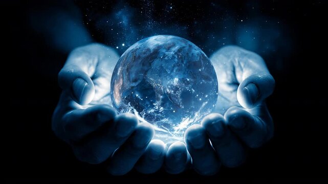 手が夜空で発光する地球を支える