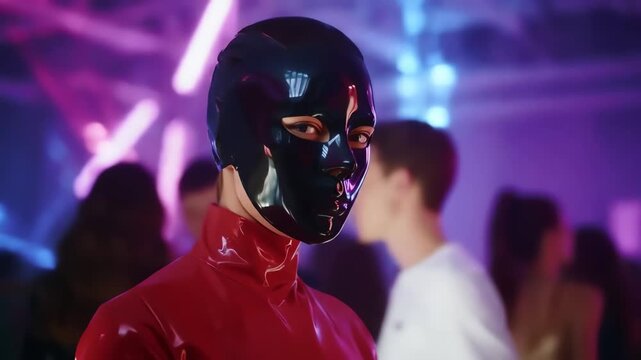 Mysterious person in a red latex suit and black mask at a futuristic cyberpunk nightclub party