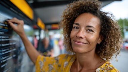 Smiling woman checking bus schedule at a busy transport station