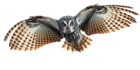Great grey owl in dynamic flight, wings spread wide against pure white ,  animal photography,  avian