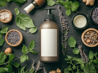 Natural cosmetics and herbal ingredients arranged on a dark background