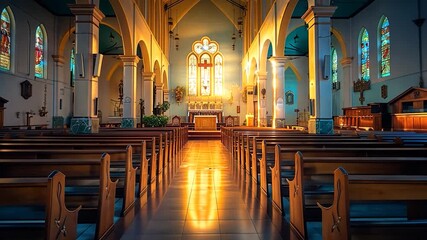 Warm light fills the church as individuals find solitude during the sacred confession ritual
