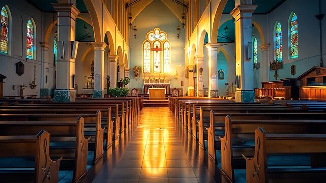 Warm light fills the church as individuals find solitude during the sacred confession ritual