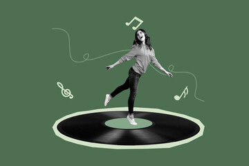 Trend image collage of person stand dance vinyl disc with music notes on green background
