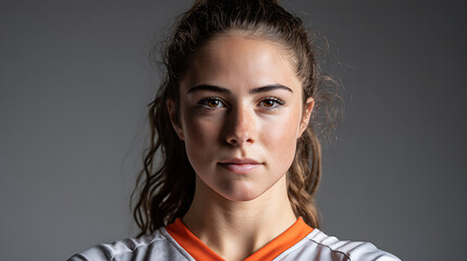 Portrait of female football player in sports jersey, front facing profile photo