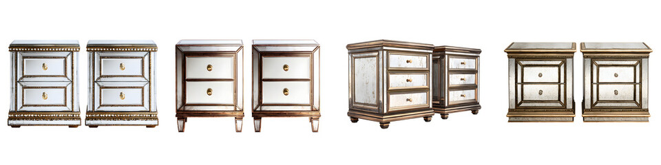 Fototapeta premium Mirrored Nightstands: Bedroom Furniture with Modern Glamour on White
