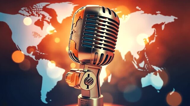 World Voice Day. Microphone with world map. World podcast.