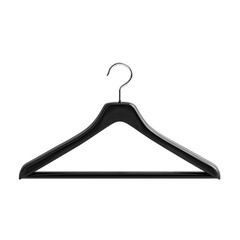 A sleek black plastic hanger with a silver hook is isolated on transparent background, ready to hold your favorite garments in style