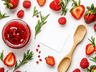 Freshly Made Berry Jam with Rosemary and a Blank Card for Personalized Messages