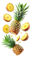 flying pineapple slices isolated on transparent white background, clipping path
