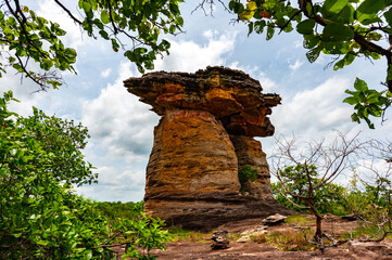 Big stone Pillar , scenic view of giant mushroom-shaped rock formation known as Sao Chaliang at Ban Pha Chan, Ubon Ratchathani, Thailand
