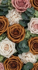 Assortment of Rustic Autumn Roses and Greenery Close Up floral vintage