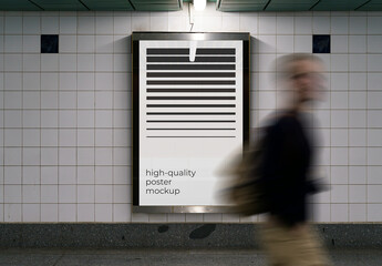 Subway Metro Outdoor Glued Poster Advertising Billboard Mockup Template on Wall
