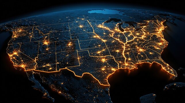 Satellite view of the United States at night showing illuminated cities and road networks across the country"s landscape.