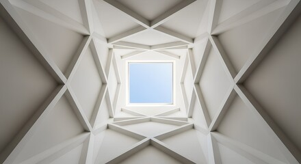 Looking up at a pristine white geometric ceiling with a central skylight framing a clear blue sky, evoking a modern, minimalist sanctuary.