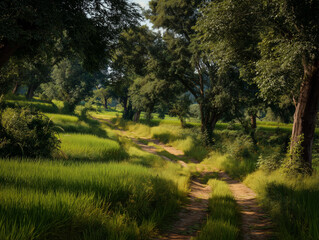 Obraz premium Rural Dirt Path Between Rice Fields in Summer Noon Light