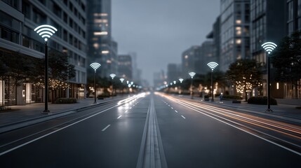 Street Lights with WiFi Icons in Smart Connected City Environment