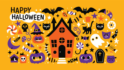 Obraz premium A festive halloween illustration with bats, cats, pumpkins, and candy on an orange background design