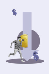 Banner 3d pop photo collage of inexperienced businesswoman businessman stand arrow decline dollar...