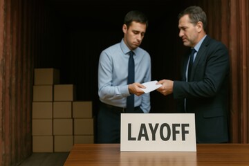 Tariff impact on business — manager delivering layoff notice to employee in warehouse setting, capturing policy-driven workforce reduction, supply chain disruption, and economic labor consequences
